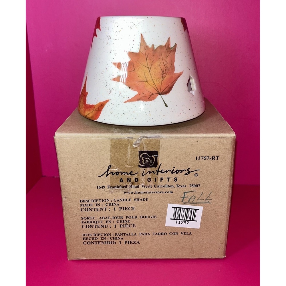 Home Interiors Ceramic Candle Jar Topper Shade Country Fall Leaves Design NIB
